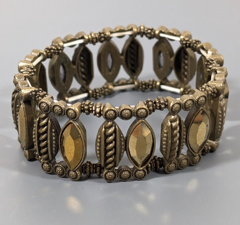 Bronze Tone Rhinestone Marquise Tribal Western Stretch Bracelet 6.5 in