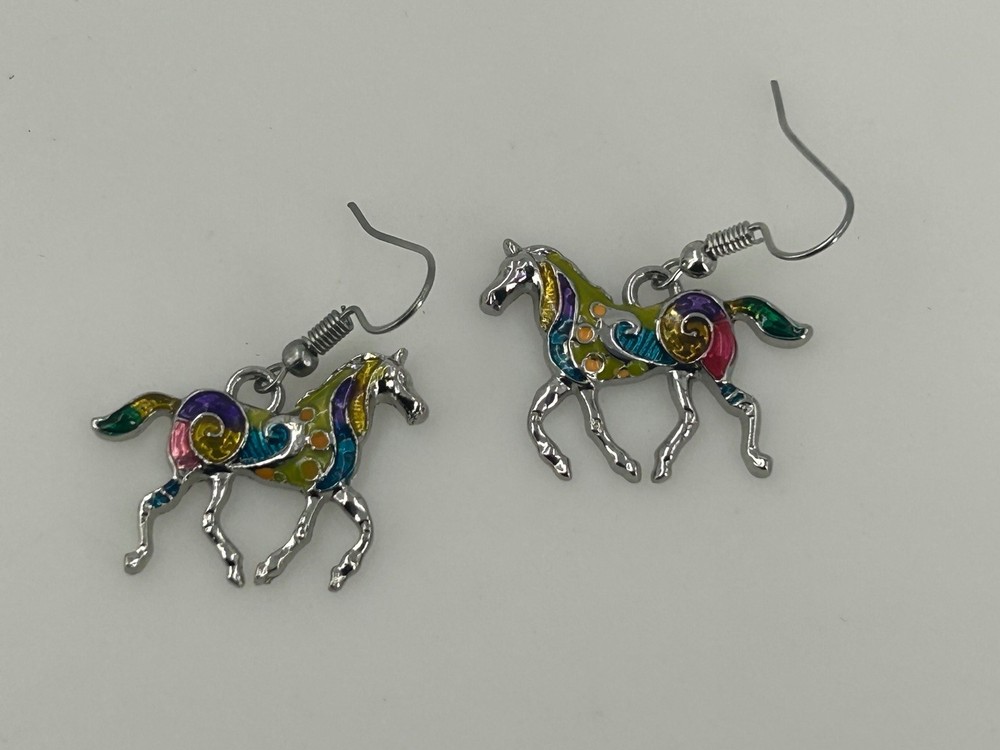 Colorful Enamel Horse Dangle Earrings Silver Tone Metal Equestrian Jewelry