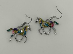 Colorful Enamel Horse Dangle Earrings Silver Tone Metal Equestrian Jewelry