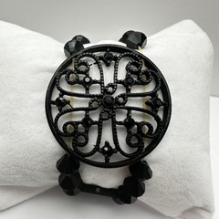 Vintage 80s Black Tone Bicone Beads Stretch Cuff Bracelet Women’s Jewelry