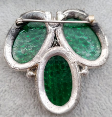 Vintage Antique Art Deco Green Waffle Glass Pot Metal Rhinestone Brooch HTF