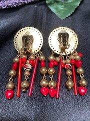 Vintage Three Ladies by roxsann Vivid Red Cabochon Beaded Clip-On Earrings