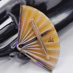 Purple Hue Art Paper Fan Brooch Pin Artist Signed Acrylic Glaze Origami Style