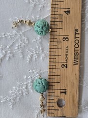 Chinese Turquoise Shou Carved Bead Earrings & Necklace 21” Gold Plated Clasp