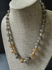 Vintage Acrylic Lucite Glitter Beaded Necklace Smoky Gray Silver Gold Bead 25”