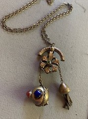 RARE Antique Brass CZECH Unique Necklace Tassel Stone Chatelaine Pulley Fob