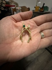 Vintage Double Wishbone Brooch Pin in Gold Tone Faux Pearl and Green Rhinestone