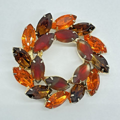 Rhinestone Wreath Brooch Marquise Frosted Red Amber Orange Gold‑Tone Mid‑Century