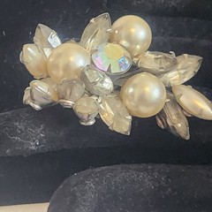 Vintage Aurora Borealis Rhinestone and Faux Pearl Cluster Clip On Earring Brooch