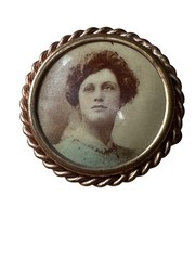 Antique Hand Colored Photo Portrait Brooch Edwardian Brass Pin c.1900–1920