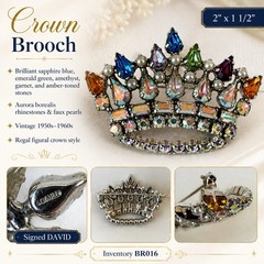 Vintage B David Crown Brooch Multicolor AB Rhinestones Faux Pearls Signed BR016