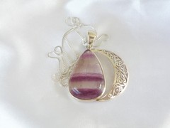 Large Sterling Silver 925 Fluorite Crescent Moon Pendant Necklace
