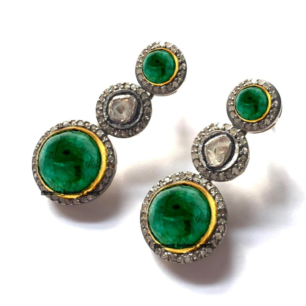 Stunning 2.50ctw Rose Antique Cut Diamond Emerald Silver Vintage Earring Jewelry