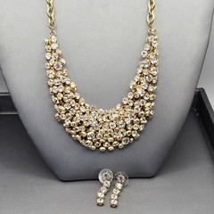 Gold-Tone Statement Necklace & Drop Earrings Set w/ Prong Set Clear Rhinestones