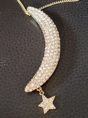 Vintage Gold tone Crescent Moon and Star Necklace with clear stones
