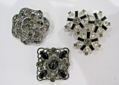 Vintage Black Clear Rhinestones Crystals Brooches Pins (lot of 12)