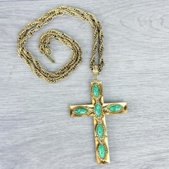 Vintage Whiting Davis Gold Tone Chunky Cross Faux Stones Long Pendant Necklace