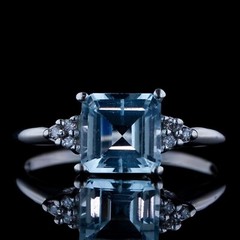 VINTAGE AQUAMARINE & LAB CREATED DIAMOND 14K WHITE GOLD FINISH COCKTAIL RING