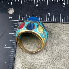 Enamel Dome Ring Blue Abstract Stainless Steel Gold Tone Size 8.75