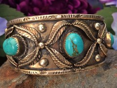VINTAGE 88 GRAM TURQUOISE STERLING SOUTHWESTERN NAVAJO LEAF STAMP STYLE BRACELET