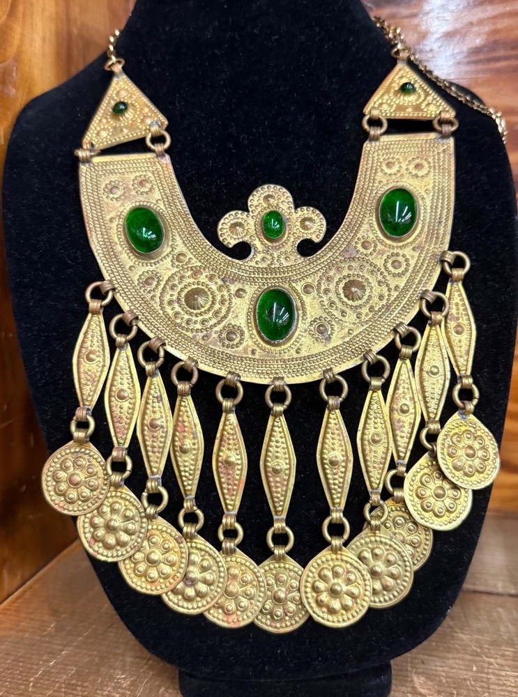 VINTAGE 1960’S GOLD TONE BRASS SIGNED IRAN EGYPTIAN REVIVAL STATEMENT NECKLACE
