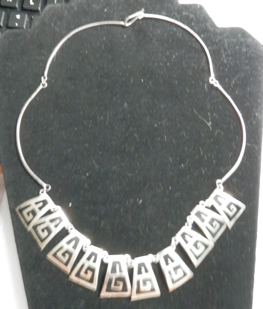 Mexico Alpaca Silver Greek Key Bib Necklace • Choker Bar Link Chain 19″ Enamel