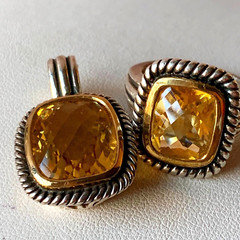 MICHELLE ALBALA LARGE CITRINE QUARTZ RING & PENDANT NECKLACE ENHANCER SET 925 SS