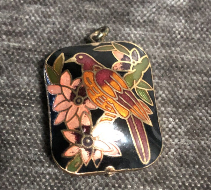 Vintage Cloisonne enamel bird floral pendant black and gold tone double sided