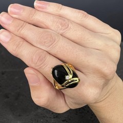 SETA Gold Plated Black Onyx Caabochon Rhinestone Cab Ring Vintage Sz 8