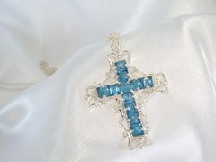Large Sterling Silver 925 Heated London Blue Topaz Cross Pendant Necklace