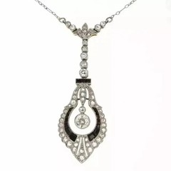Art Deco Style Lab Created Diamond & Onyx Wedding Gift 14K White Gold FN Pendant