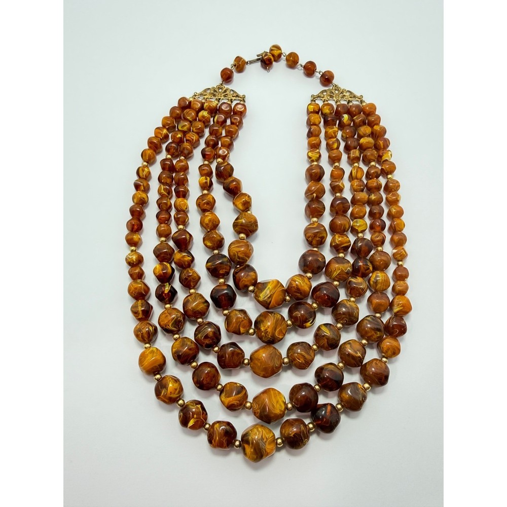 Brown Amber Tone Swirl Beaded Necklace Five Strand Costume Jewelry