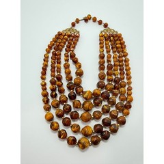 Brown Amber Tone Swirl Beaded Necklace Five Strand Costume Jewelry
