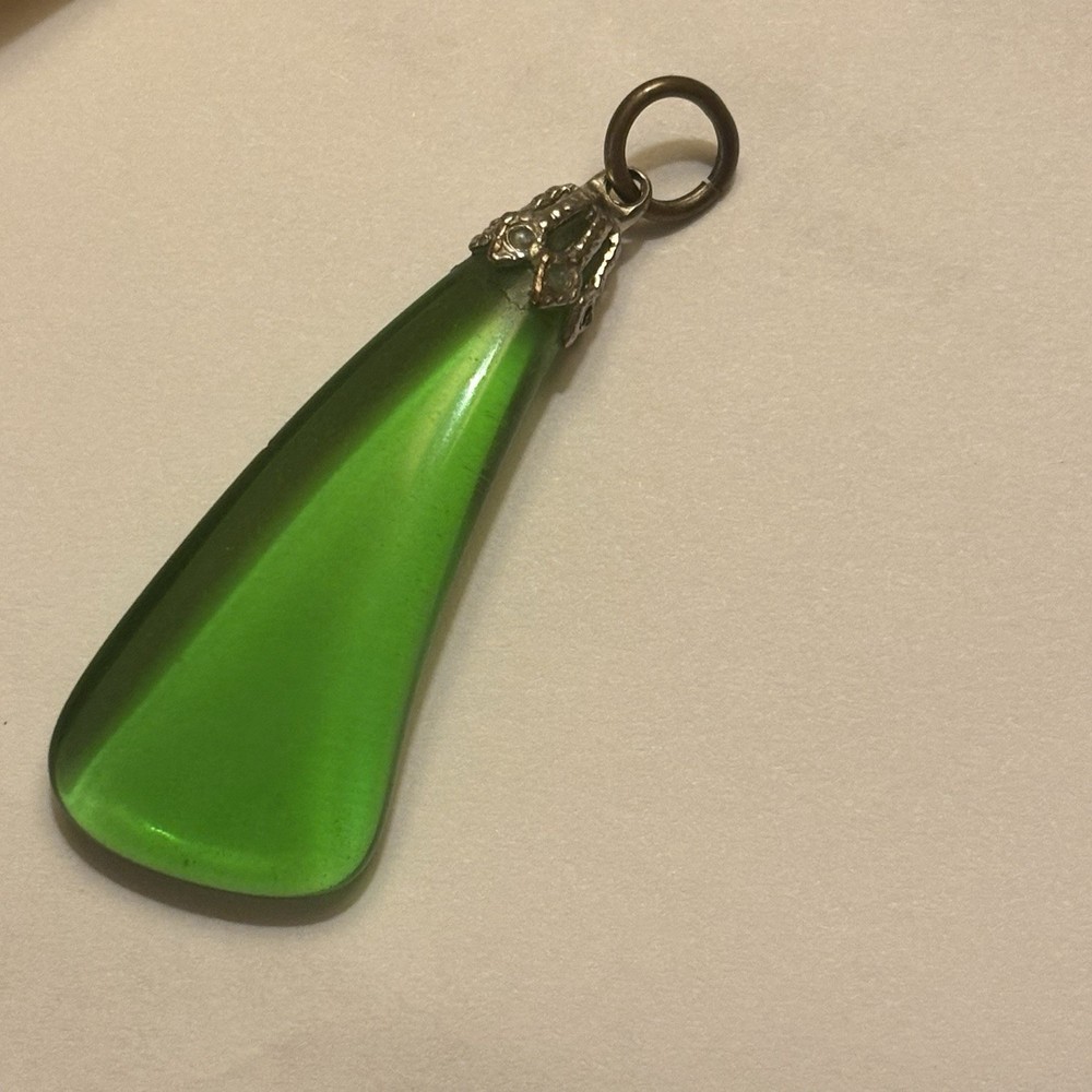 1970 Style Green Glass Teardrop Pendant With Bale Closure Modernist Art Glass