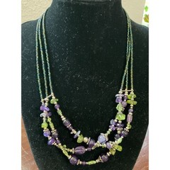 Vintage Sterling Silver Amethyst Peridot Triple Strand Beaded Necklace 17.75”