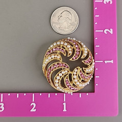 Vintage Rhinestone Brooch BSK Pink Faux Pearls Domed Round Gold Tone 1 5/8″