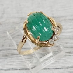 Vintage 14K Yellow Gold Carved Jade Diamond Ring 6.75 Retro Luxury Design Pretty