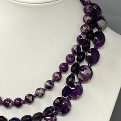 Purple Beaded Necklace Glass Faceted Marble Acrylic Gray Layered Chunky 18″