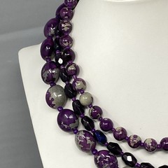 Purple Beaded Necklace Glass Faceted Marble Acrylic Gray Layered Chunky 18″