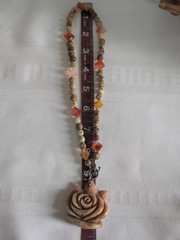 Vintage Carved Stone Rose Pendant Beaded Carnelian Agate Jasper Necklace