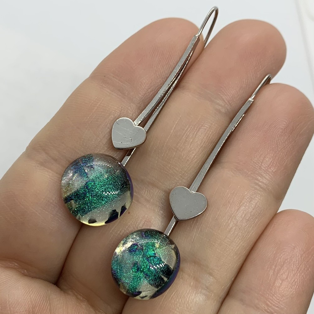 VTG BLUE FOIL GLASS SILVER HEART LONG DROP EARRINGS HOOK EAR WIRE 2”