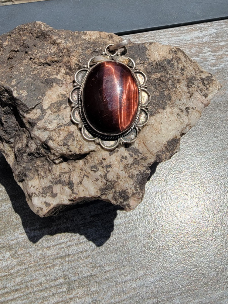 Red Tigers Eye cabochon pendant in Stirling silver 925 setting
