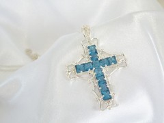 Large Sterling Silver 925 Heated London Blue Topaz Cross Pendant Necklace