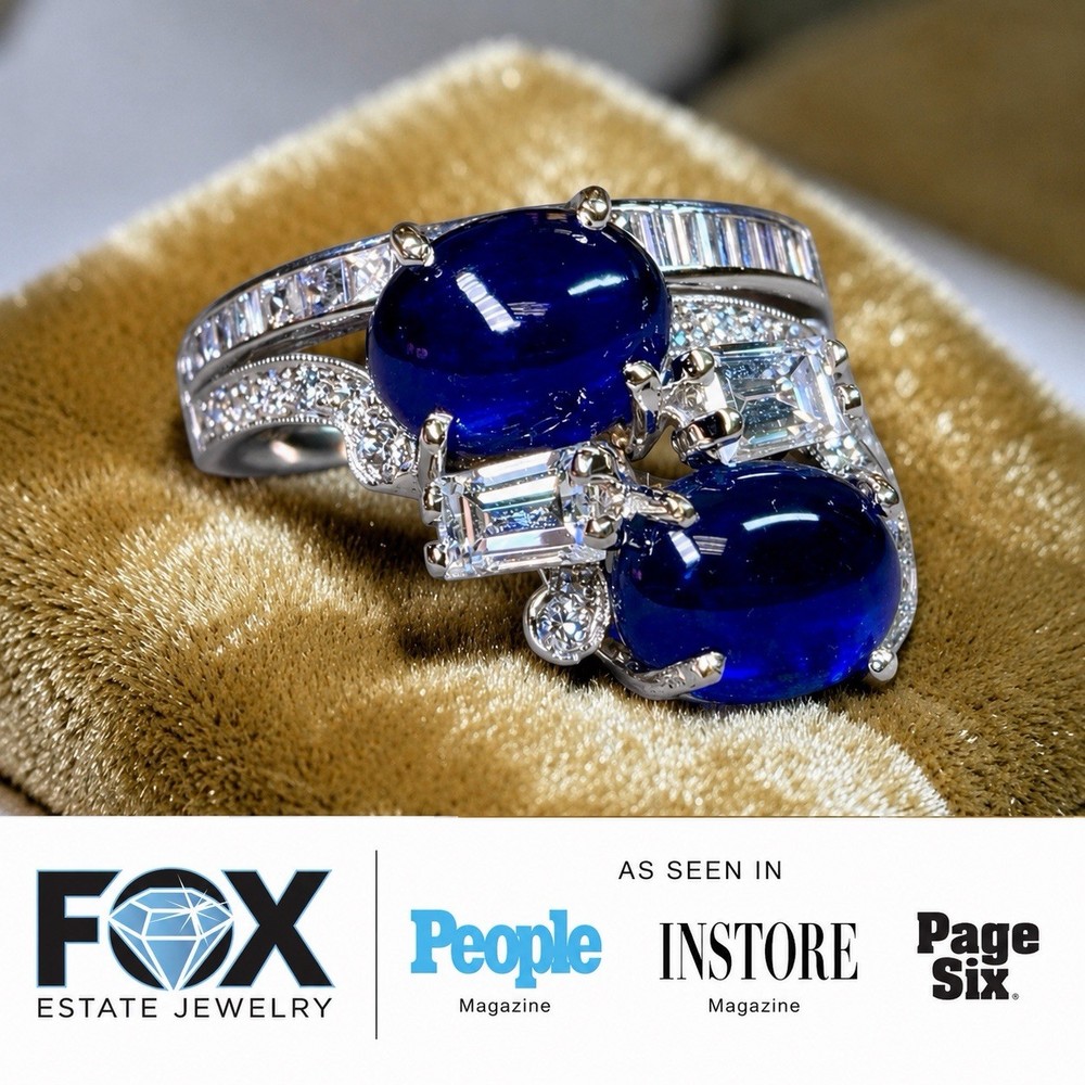 Vintage 1950’s Birks Platinum Cabochon Sapphire French Diamond Cocktail Ring