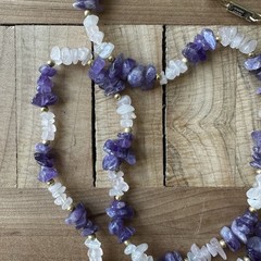Vintage Hobe Rose Quartz Amethyst Nugget Necklace 28 Inch Gold Tone Bead Spacers