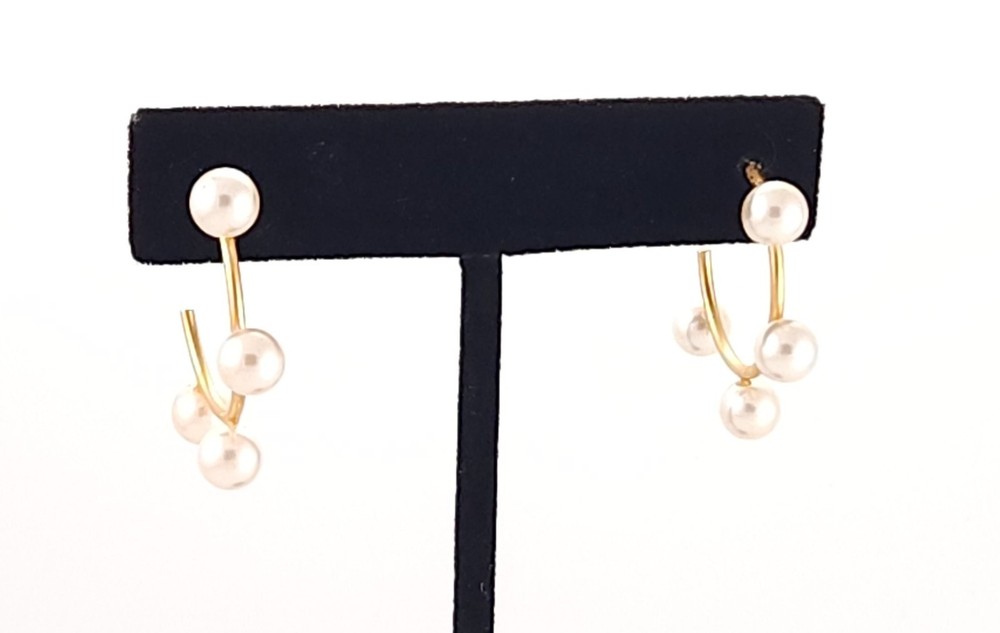 Vtg Gold Tone Multi Pearl Curved Hoop Statement Dangle Drop Stud Post Earrings