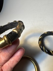 3 VTG BLACK BONED HORN w/BRASS /GOLD INLAIDED BANGLE BRACELETS