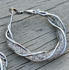 Vtg Sterling Silver Hoop Earrings Twisted Rhinestone Mesh Pierced 925 Leverback