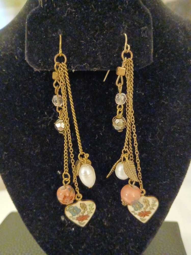 1970’s WHITE. Cloisonne, PINK Lamp Work Glass, WHIte N BAROQUE Pearl Earrings