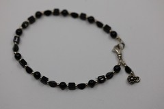 Black Onyx Beaded Gemstone Bracelet with Dangle Charm Sterling Silver
